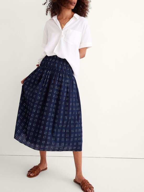 Madewell Dresses & Skirts - Madewell SMALL Midi Skirt in Shibori Indigo Plaid navy blue & white 100% cotton